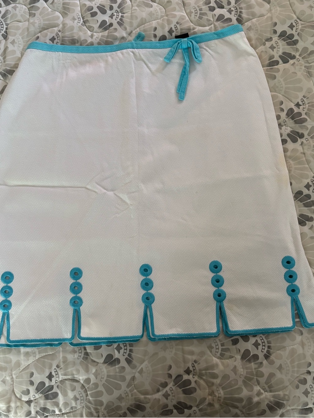 White Knit A-Line Midi Skirt with Turquoise Trim